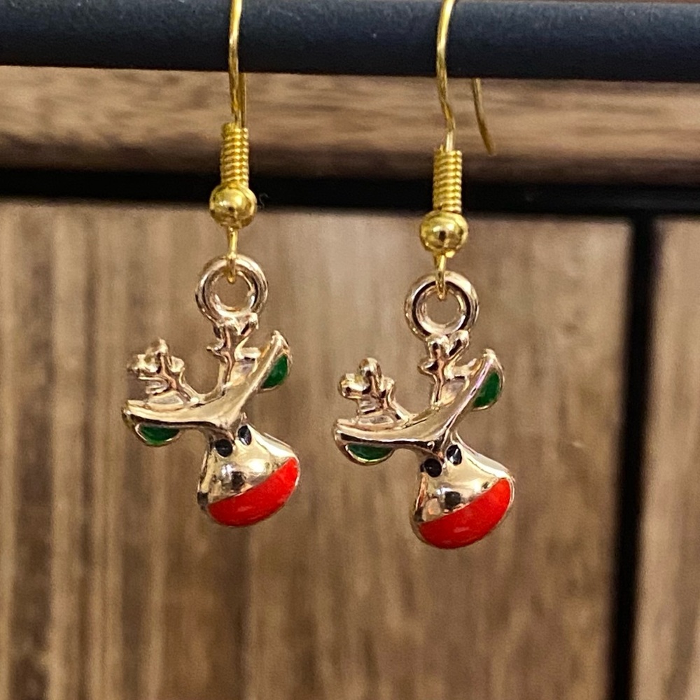 Hand Crafted Gold and Red Reindeer Earrings